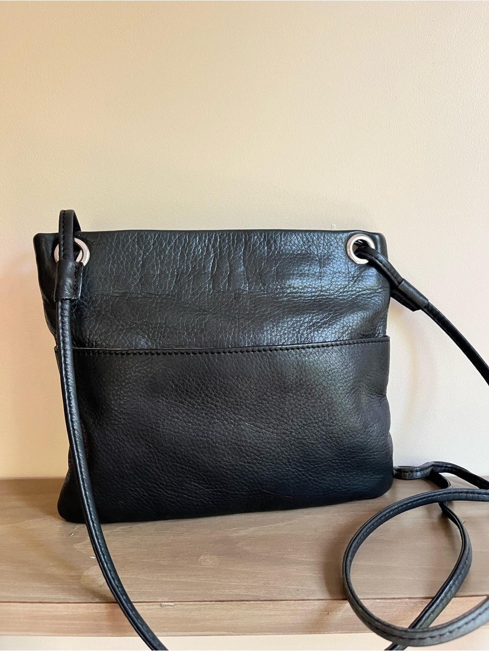 margot Black Leather Crossbody with Silver Grommet Detail